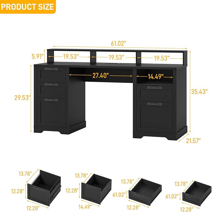 Halitaa 61" Farmhouse Executive Desk with Monitor Stand & File Drawers,Computer Desk with Storage Drawers,Large Workstation LED Lights and Power Outlets for Home Office,Study,Black