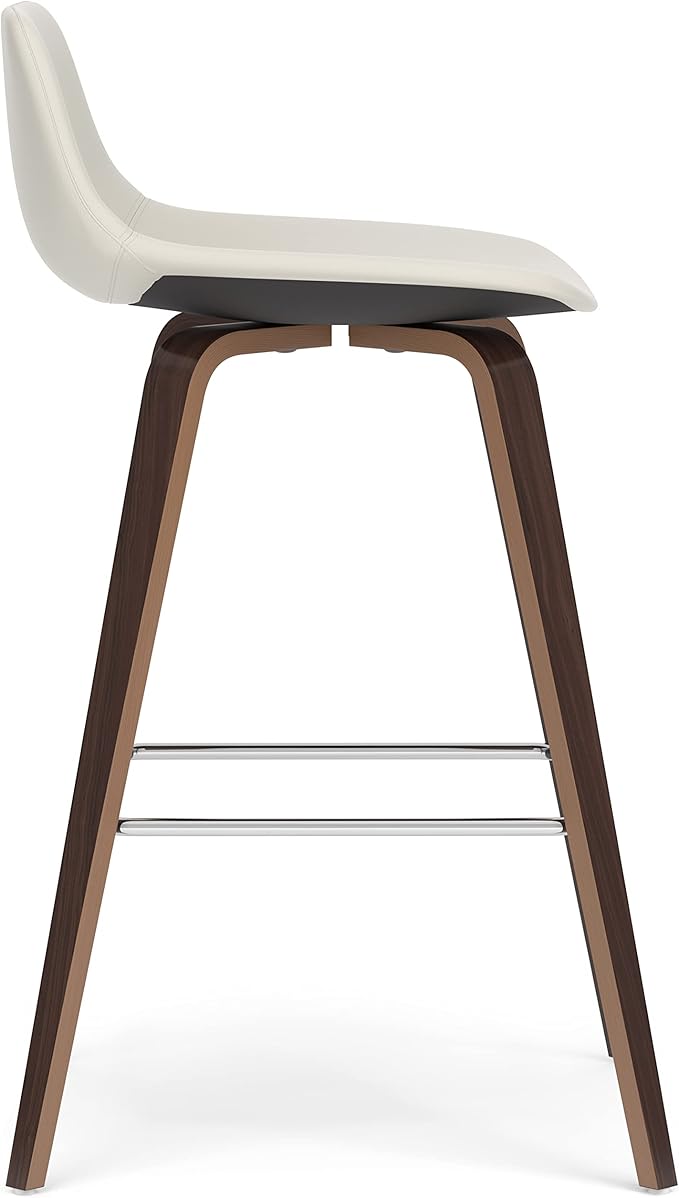 SIMPLIHOME Randolph Counter Stools (Set of 2) - 28 Inch Seat Height Upholstered Bentwood Kitchen Seats in Cream PU Faux Leather, Mid Century Modern Seating with Curved Backrest and Chrome Footrest