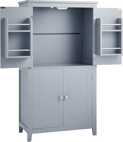 Tall Storage Cabinet, Bathroom Floor Freestanding Storage Cabinet with 2 Double-Door and Adjustable Shelves for Bathroom, Office, Living Room, Grey