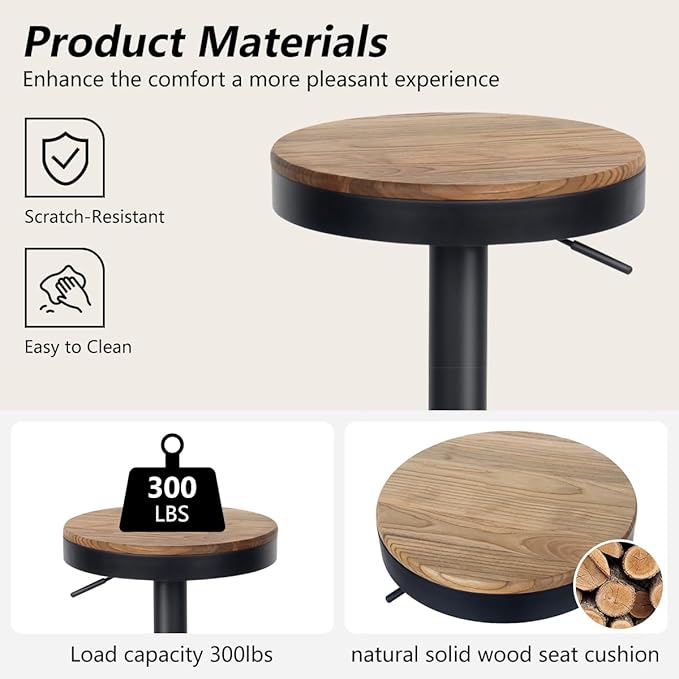 Kidol & Shellder Bar Stools Set of 6 Round Adjustable Swivel Barstools Modern Backless Bar Chairs Wooden Seat Counter Height Stools Armless for Kitchen Island, Cafe, Dining Room Black