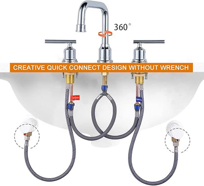 WOWOW Widespread Bathroom Faucet Chrome 8 inch Bathroom Sink Faucet Adjustable 3 Pieces Basin Faucets 360° Swivel Spout Modern Lavatory Faucet Vanity Faucets Water Supply Lines Quick Install Pipe