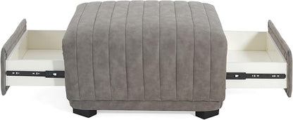 Christopher Knight Home Reyno Upholstered Ottoman with Storage for Living Room, Faux Leather Storage Ottoman Foot Rest with Side Drawers, Modern Square Coffee Table with Wooden Frame, Grey