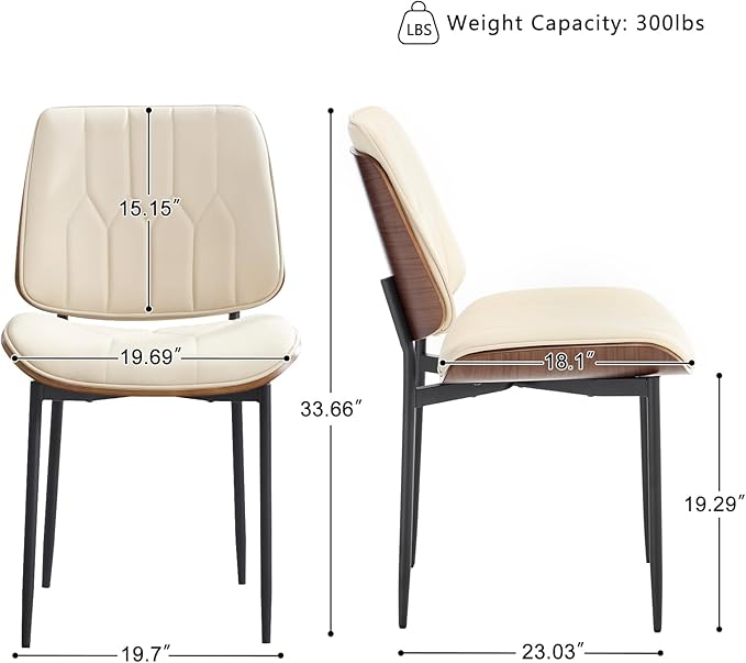 BV Mid Century Modern Dining Chairs Set of 2, Upholstered Pu Leather Accent Chair with Walnut Bentwood Back, Armless Kitchen Retro Chair for Dining Room, Living Room, Kitchen, Beige