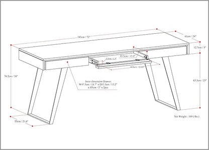 SIMPLIHOME Lowry Large Desk - 72-Inch Wide Solid Acacia Wood and Metal Writing Desk in Distressed Charcoal Brown, Modern Industrial Home Office Table with 2 Deep Drawers and Flip-Down Keyboard Tray