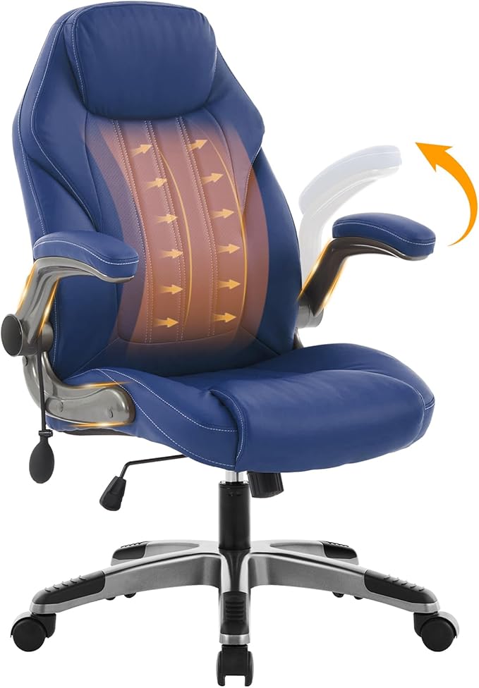 Office Desk Chair, Ergonomic Computer Chair with Padded Flip-Up Arms and Adjustable Lumbar Support, PU Leather Executive Chair with Tilt Lock and 360° Swivel Rolling Wheels for Work, Study