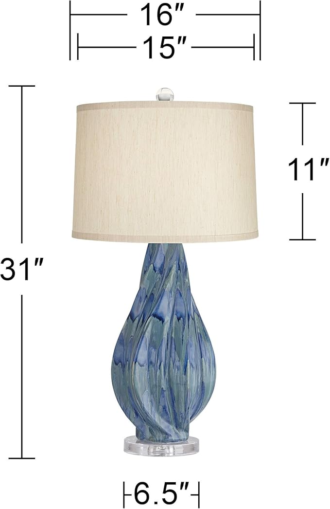Possini Euro Design Teresa Modern Style 3-Way Table Lamp with Table Top Dimmer 31" Tall Teal Blue Ceramic Beige Fabric Drum Shade for Living Room Bedroom House Bedside Home Entryway (Color