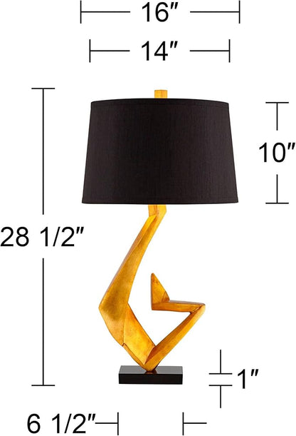 Possini Euro Design Zeus Mid Century Modern Glam Luxury Table Lamp 28.5" Tall Sculptural Gold Leaf Metal Black Fabric Tapered Drum Shade Decor for Living Room Bedroom House Bedside Nightstand Home