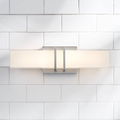 Possini Euro Design Exeter Modern Art Deco Wall Mount Light LED Brushed Nickel Silver Metal 17" Wide Vanity Fixture Rectangular Silk Screened Glass Shade Decor for Bathroom Over Mirror House Home
