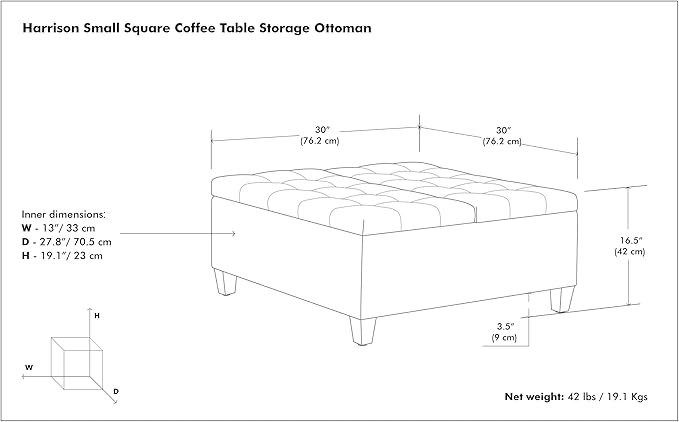 SIMPLIHOME Harrison 30 inch Wide Transitional Square Small Coffee Table Storage Ottoman in Cloud Grey , Assembled, For the Living Room and Bedroom