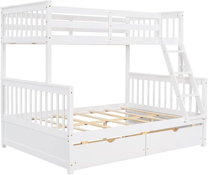 Merax Wood Bunk Bed with Drawers,Convertible Wood Bunk Bed with Ladders and Two Storage Drawers,Solid Wood Detachable Bed Frame with Ladders,Twin Over Full Size,White