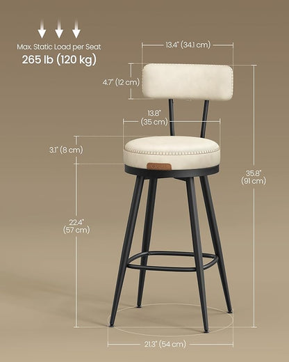 VASAGLE EKHO Collection - Bar Stools Set of 2, Swivel Counter Height Bar Stools with Back, Synthetic Leather with Stitching, Mid-Century Modern, 25.6-Inch Tall Barstools for Kitchen Bar, Cream White