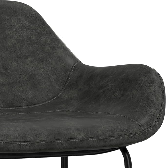 SIMPLIHOME Mira Bar Stools (Set of 2) - 30 inch Seat Height Upholstered Metal Bar Chairs in Distressed Slate Grey Vegan Faux Leather, Contemporary Seating with Curved Cushioned Seat and Armrests