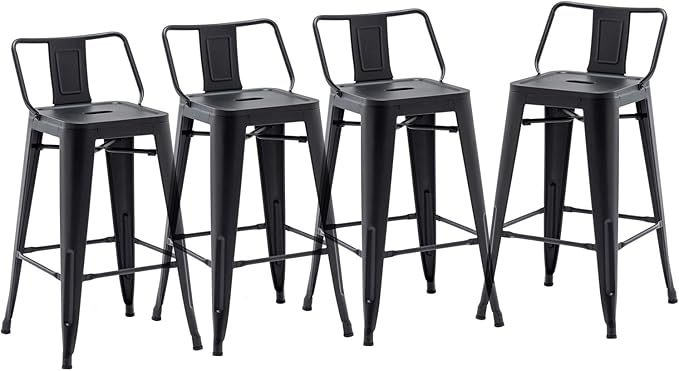 HAOBO Home 26" Low Back Metal Counter Stool Height Bar Stools [Set of 4] for Indoor/Outdoor Barstools, Matte Black