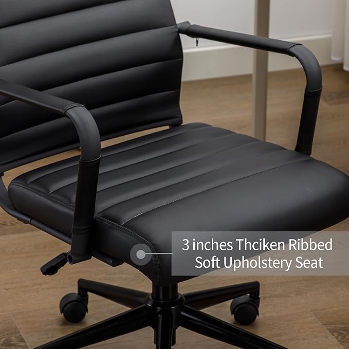 Office Desk Chair Leather, Conference Room Chairs with Wheels, Executive Modern Ergonomic Ribbed Computer Chair