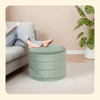 PINPLUS Large Round Velvet Storage Ottoman, Sage Upholstered Footstool with Hidden Storage, Sturdy Coffee Table Ottoman for Living Room & Bedroom