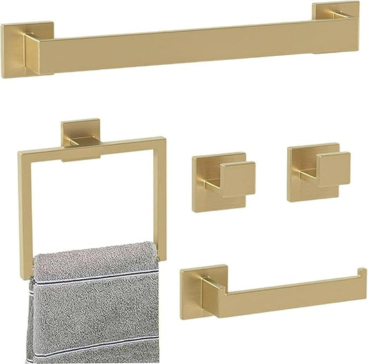 16 in Matte Bathroom Accessories Set, Bath Towel Bar Set, Stainless Steel Bathroom Hardware Set, Towel Racks for Bathroom Wall Mounted 5 Pcs （Golden）