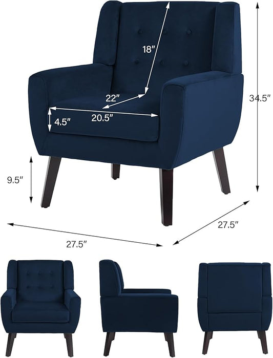 Accent Chair, Modern Velvet Arm Chair for Living Room, Bedroom, Comfy High-Resilient Sponge Reading Chair for Small Spaces （Velvet Royal Blue, Set of 1