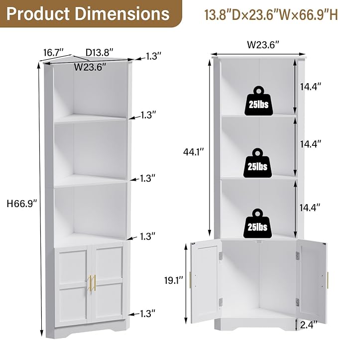 67'' Tall Corner Cabinet with 2 Doors and Storage Shelves,Modern Storage Cabinet with Barn Door Design, Home Space Saver for Living Room, Kitchen, Bathroom, Laundry Room, White