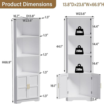 67'' Tall Corner Cabinet with 2 Doors and Storage Shelves,Modern Storage Cabinet with Barn Door Design, Home Space Saver for Living Room, Kitchen, Bathroom, Laundry Room, White
