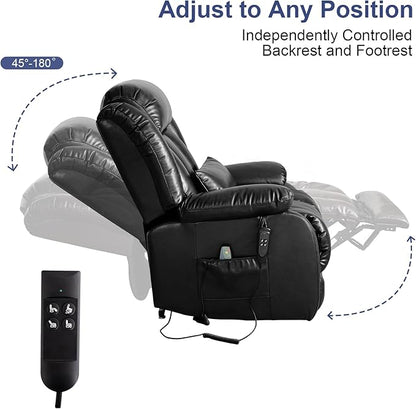 MAEVIS Large Genuine Leather Power Lift Recliner Chair, Dual Motor Recliner for Elderly,Extended Footrest and Lumbar Pillow for Tall Man,with Heat and Massage, USB and Type-C Ports(Black)