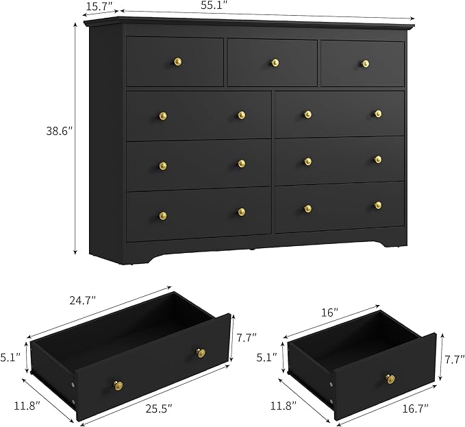 Black Dresser for Bedroom, 9 Drawer Dresser with Large Drawers, 55 Inch Wide Wood Chest for Living Room, Hallway