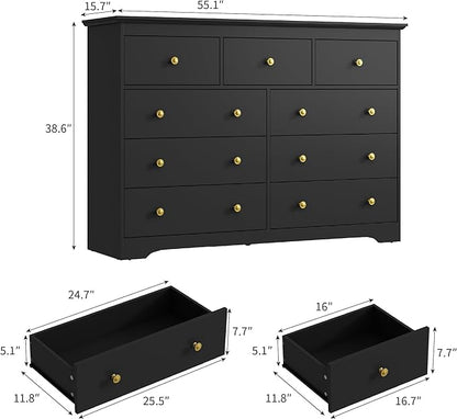 Black Dresser for Bedroom, 9 Drawer Dresser with Large Drawers, 55 Inch Wide Wood Chest for Living Room, Hallway