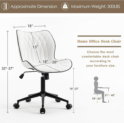 YOUNUOKE Armless Desk Chair Comfy Office Chair with Wheels Home Ergonomic Task Chair Adjustable Computer Chairs Modern Faux Leather Swivel Chair Upholstered Makeup Vanity Chair with Back(White)