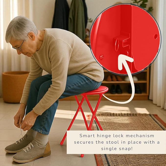 Folding Stool - Backless 24-Inch Stool with 225lb Capacity for Kitchen or Rec Room - Portable Indoor Counter Bar Stools by Lavish Home (Red)