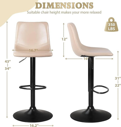 LEMBERI Bar Stools Set of 2, Modern Adjustable Swivel Bar Barstools Counter Height with Backrest, Faux Leather Upholstered Bar Chair for Kitchen Island, Beige