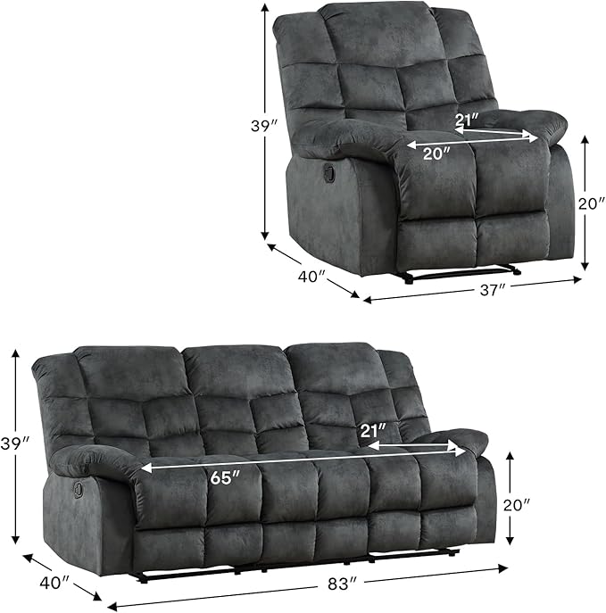 CANMOV Manual Reclining Sofa Set,2 Pieces Sofa Furniture Set for Living Room, Manual Recliner Sofa and Recliner Chair with Arms for Living Room, Bedroom, Grey(1+3)