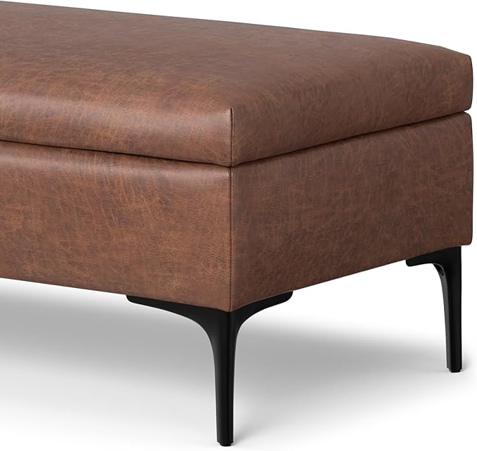 SIMPLIHOME Rebecca 48 inch Wide Mid Century Modern Rectangle Large Coffee Table Storage Ottoman with Lift up Lid in Distressed Saddle Brown Faux Leather for The Living Room, Entryway and Family Room