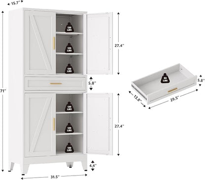 Large Metal Kitchen Pantry Cabinet with Adjustable Shelves - Freestanding Kitchen Storage Cabinet for Dining Room,Livingroom Bathroom, Hallway, Workshop, Office (White, 71"-1 Drawer)