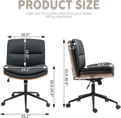 Armless Modern Walnut Office Desk Chair with Wheels, PU Leather Adjustable Wide Swivel Task Chair, Ergonomic Cross Legged Computer Chair for Conference Room, Home Office (Black)