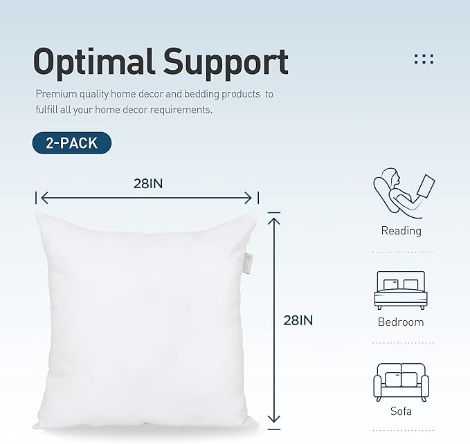 Acanva Indoor Decorative 28x28 Throw Pillow Inserts Pack of 2, Premium Polyester Fiber Fill Square Sham Stuffer Cushion for Sofa, Bed, Couch and Chair, Machine Washable, 2 Count (Pack of 1), White