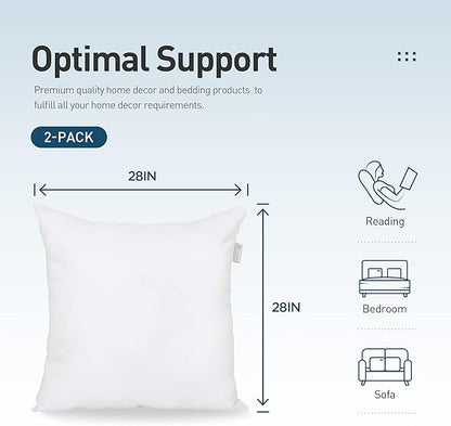 Acanva Indoor Decorative 28x28 Throw Pillow Inserts Pack of 2, Premium Polyester Fiber Fill Square Sham Stuffer Cushion for Sofa, Bed, Couch and Chair, Machine Washable, 2 Count (Pack of 1), White