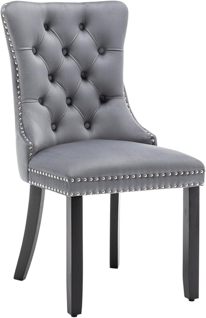 Velvet Dining Chairs Set of 4, Upholstered Dining Room Chairs with Nailhead Ring Pull Trim, Button Tufted Wing Back Chairs for Dining with Solid Wood Legs for Kitchen Dining Room(Grey)