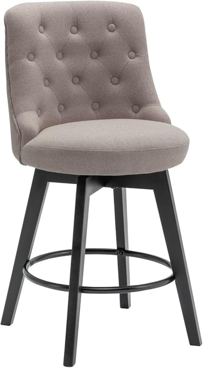 MINCETA Set of 4 Upholstered Bar Stools - 26 Inch Swivel Counter Height Stools with Low Tufted Back, Footrest & Performance Fabric - Round Seat for Kitchen Island & Home Bar Taupe