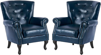 MOJAY PU Leather Accent Chair Set of 2, Mid-Century Modern Armchair Living Room Club Chair with Tufted Button & Rivet Trim, Upholstered Sofa Chair with Sturdy Wood Legs for Bedroom (Navy)