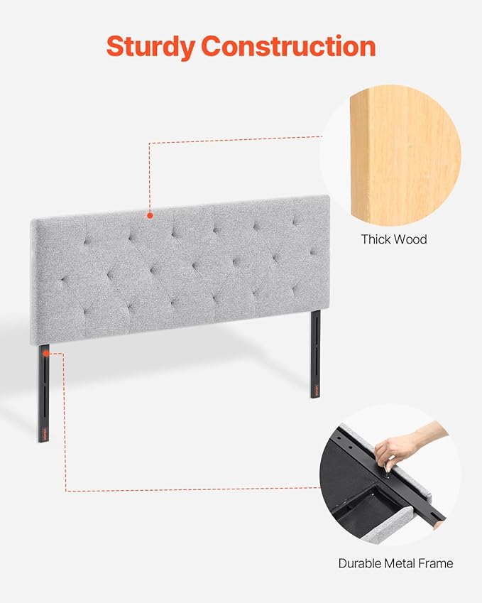 VEVOR Headboard, Full Size Headboard with Adjustable Height, Comfortable Diamond Tufted for Full Size Bed, W 56.3 x H（35.6-47.4） inches, Ideal for Bedroom, Hotel, Homestay, Dormitory, Light Grey