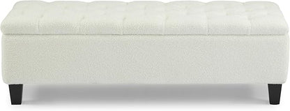 Christopher Knight Home Ottilie Boucle Fabric Storage Ottoman Bench, Wooden Rectangular Ottoman with Storage, Bedroom End of Bed Foot Stool, Entryway Ottoman Footrest, Living Room Extra Seat, White