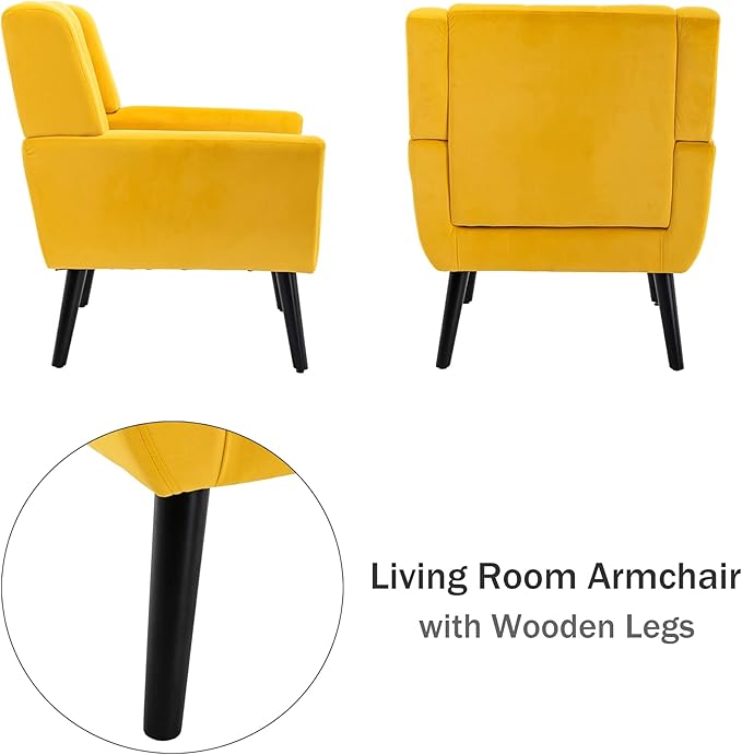 Dolonm Midcentury Modern Accent Chair with Arms, Upholstered Fabric Reading Side Chair Tufted Back Decorative Wingback Chair for Living Room Bedroom (Yellow)