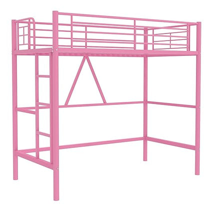 VECELO Metal Loft Bed Twin Size, Heavy Duty Bedframe with Removable Ladder and Safety Guardrail, Space-Saving, Noise Free, No Box Spring Needed, Light Pink