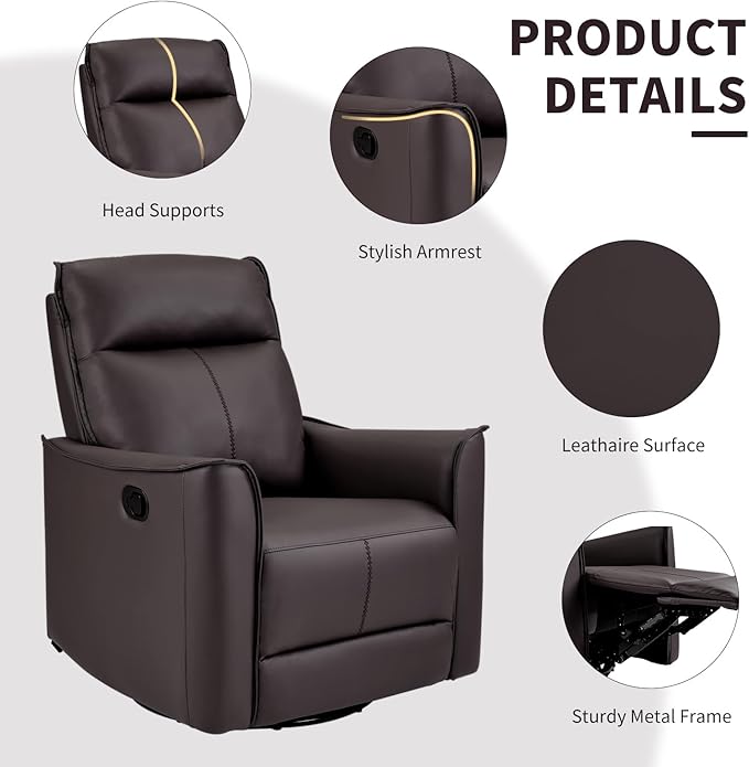CANMOV Swivel Rocker Recliner, Glider Rocking Chair, Nursing Chairs Swivel Glider Recliners with Soft Backrest, Leathaire Manual Reclining Sofa for Living Room Bedroom Apartment, Dark Brown