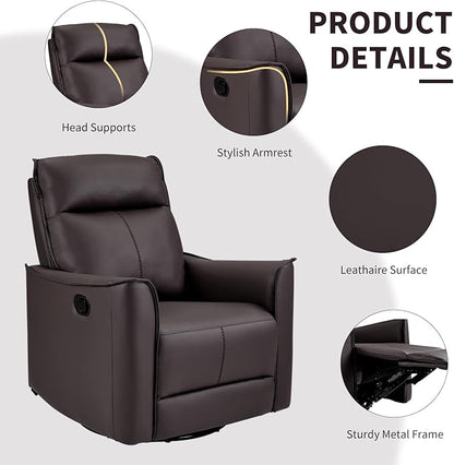 CANMOV Swivel Rocker Recliner Set of 2, Glider Rocking Chair, Nursing Chairs Swivel Glider Recliners with Soft Backrest, Leathaire Manual Reclining Sofa for Living Room Bedroom Apartment, Dark Brown