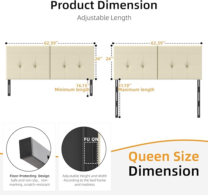 Queen Headboard Only with Adjustable Metal Legs, Faux Leather Upholstered Headboard Queen Size, Modern Stylish Headboard with Sunken Dot Design, Sturdy Bed Headboard for Bedroom, Beige