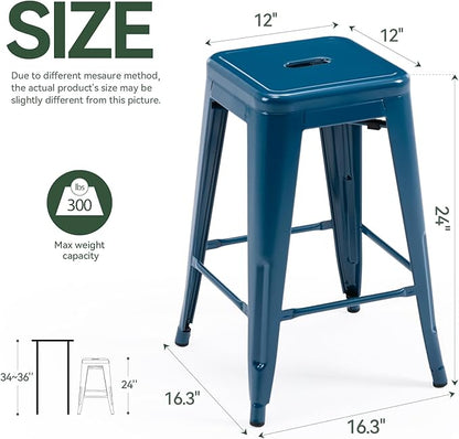 Vogue Furniture Direct 24" Bar Stools Backless Metal Barstools Indoor-Outdoor Counter Height Stools with Square Seat, Set of 4 (Deep Blue)