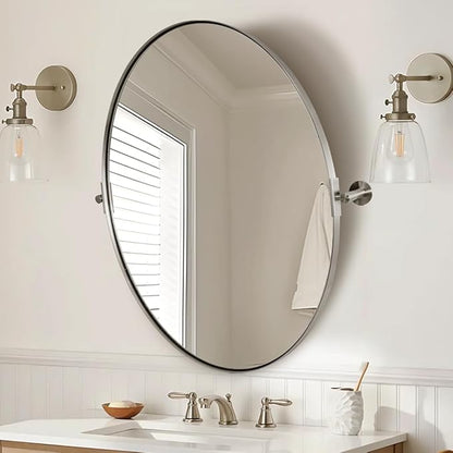 ANDY STAR Brushed Nickel Bathroom Mirror, 24 x 32 Inch Oval Pivot Mirror for Wall, Unique Farmhouse Tilt Mirror in Slim Silver Stainless Steel Metal Frame for Bedroom, Powder Room