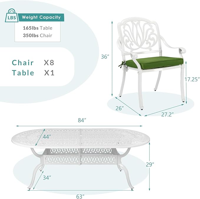 MEETWARM 9-Piece Outdoor Patio Dining Set, All-Weather Cast Aluminum Patio Conversation Set for Backyard Garden Deck with 1 Oval Table, 8 Outdoor Dining Cushioned Chairs, 2" Umbrella Hole, White