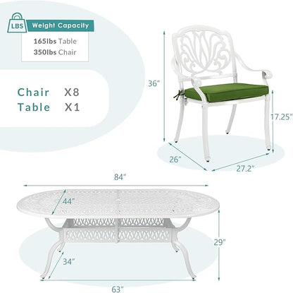 MEETWARM 9-Piece Outdoor Patio Dining Set, All-Weather Cast Aluminum Patio Conversation Set for Backyard Garden Deck with 1 Oval Table, 8 Outdoor Dining Cushioned Chairs, 2" Umbrella Hole, White