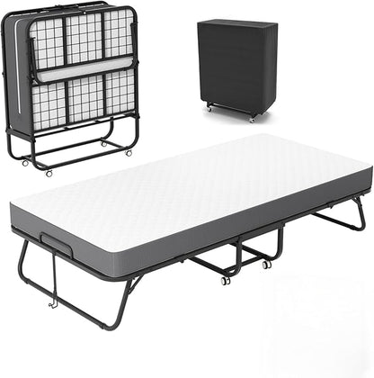 75" x 38" Folding Beds with Mattress for Adults, Portable Foldable Twin Bed with Memory Foam Mattress & Super Strong Frame, Convenient Roll Away Guest Bed for Storage